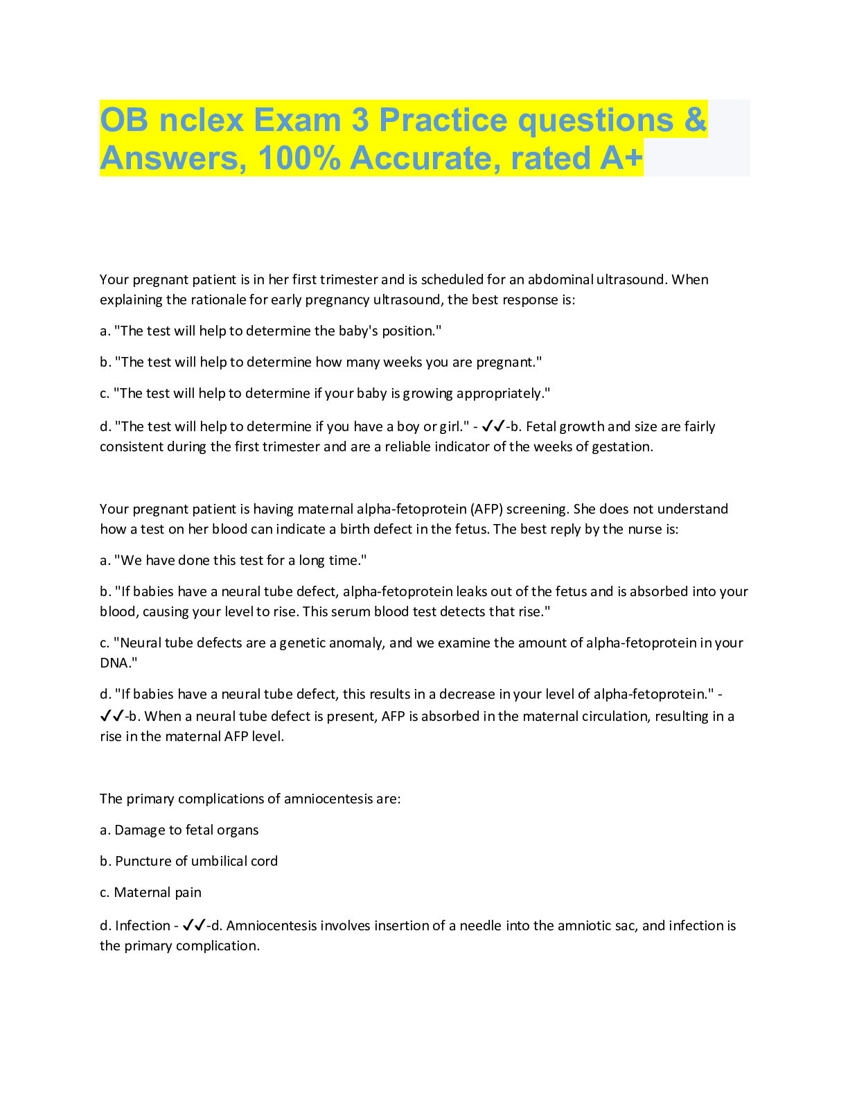 Preview image for OB nclex Exam 3 Practice questions &  Answers, 100% Accurate, rated A+ Your pregnant patient is in her